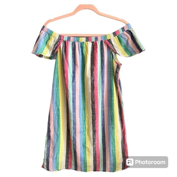 EUC J.Crew rainbow striped off the shoulder linen dress - Picture 4 of 6
